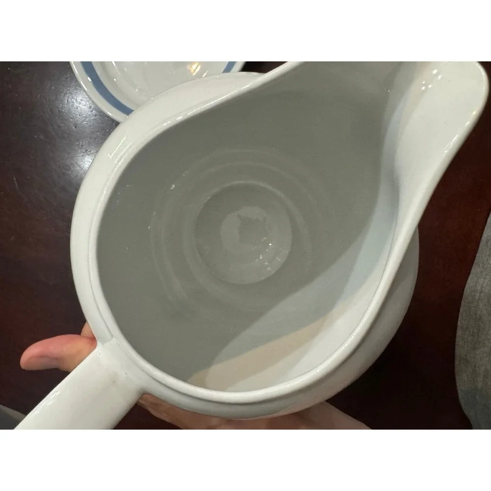 Arabia Finland Blue Band Stoneware Pitcher and Oval Underplate Set White MCM